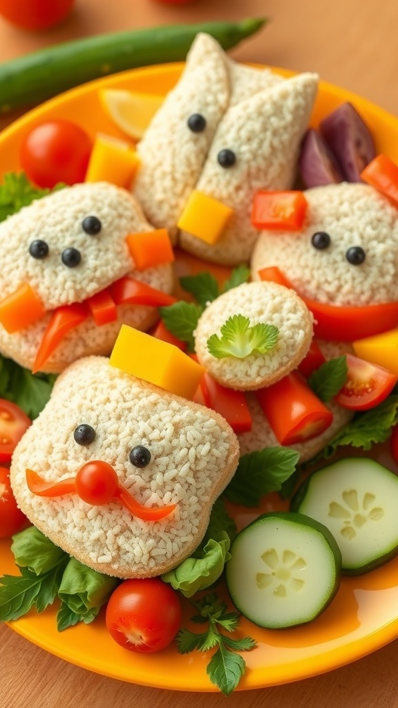Colorful sandwich bread art with vegetables and cheese arranged into fun designs on a plate.